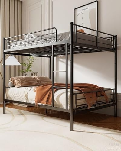Mixcous Full Over Full Bunk Bed, Convertible into 2 Full Beds, Heavy-Duty Metal Bed Frame with Safety Full-Length Guardrails & EVA Padded Ladder for Adults, Teens, Kids, No Box Spring Needed, Black Mixcous