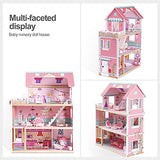 ROBUD Wooden Dollhouse, Doll House Playset with 24-pcs Exquisite Accessories, Working Elevator, Gift for Ages 3+ ROBUD