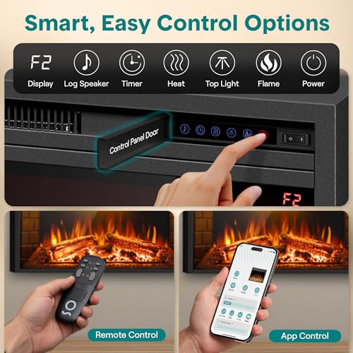 SereneLife Electric Fireplace Heater with LED Flame, Smart Wi-Fi, Remote, Thermostat, 13 Color Modes, Recessed or Wall Mounted Fire Place, Quiet Operation, Overheat Protection, Black Frame SereneLife
