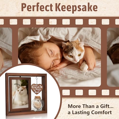 HAMUIERS Cat Memorial Gifts for Loss of Cat - Rotating Wooden Frame for 4x6 Photo & Fur Hair Jar - Sympathy Gift for Pet Bereavement, Remembrance Keepsake - Rainbow Bridge Gift for Cat Lovers