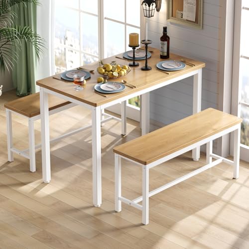 Tatub Dining Table Set for 4, 3-Piece Kitchen Table with 2 Benches, Space-Saving Dining Room Table Set for Breakfast Nook and Small Spaces, Original Tatub