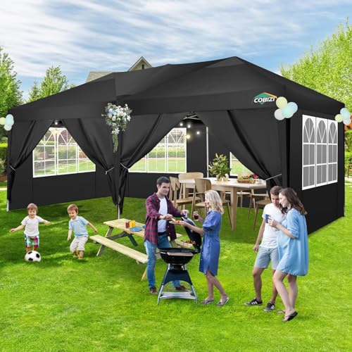 COBIZI Canopy 10x20 Pop Up Canopy Tent with 6 Sidewalls Party Tents for Parties Weddings Backyard Waterproof Outdoor Commercial Event Tent with Stakes, Ropes, Black COBIZI