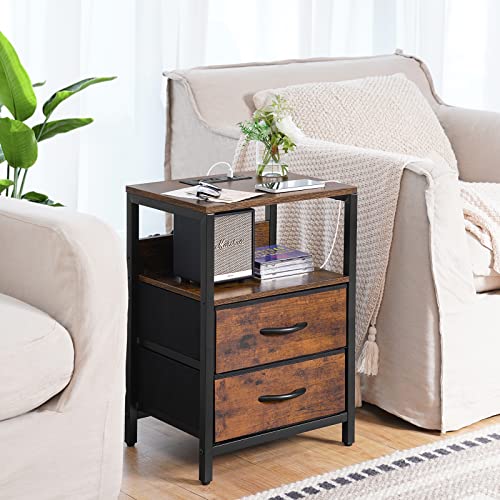 Yoobure Nightstand with Charging Station, Small Night Stand with Fabric Drawers and Storage Shelf for Bedrooms, Small Spaces, Bedside Table with USB Ports & Outlets - WoodArtSupply