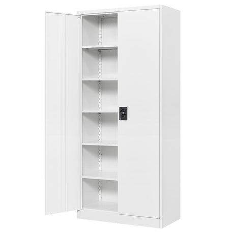 White Storage Cabinet with Locking Doors, 72" Tall Metal Cabinet with 5 Adjustable Shelves for Pantry, Office, Locking 2 Door File Storage Cabinets, 18" Deep Home Office Kitchen Pantry Cabinets MIIIKO