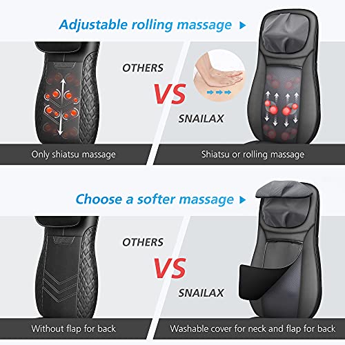 Snailax shiatsu Neck & Back Massager with Heat, Full Back Kneading Shiatsu or Rolling Massage, Massage Chair pad with Height Adjustment, Back Massager for Neck and Shoulder Snailax