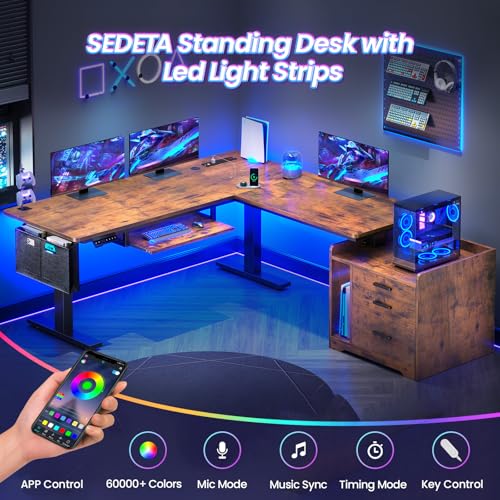 SEDETA L Shaped Electric Standing Desk with File Cabinet, 63 x 53'' Height Adjustable Home Office Computer Desk with 3 Drawers, Power Outlet, Stand up Gaming Table with Led Lights, Rustic Brown SEDETA