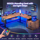 SEDETA L Shaped Electric Standing Desk with File Cabinet, 63 x 53'' Height Adjustable Home Office Computer Desk with 3 Drawers, Power Outlet, Stand up Gaming Table with Led Lights, Rustic Brown SEDETA