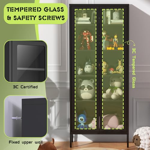 Crownland Metal Storage Cabinet with Glass Doors, Display Curio Glass Cabinet with 4 Adjustable Shelves, Tall Modern Office Storage Cabinet for Bedrooms, Living Room, Pantry(Black) Crownland