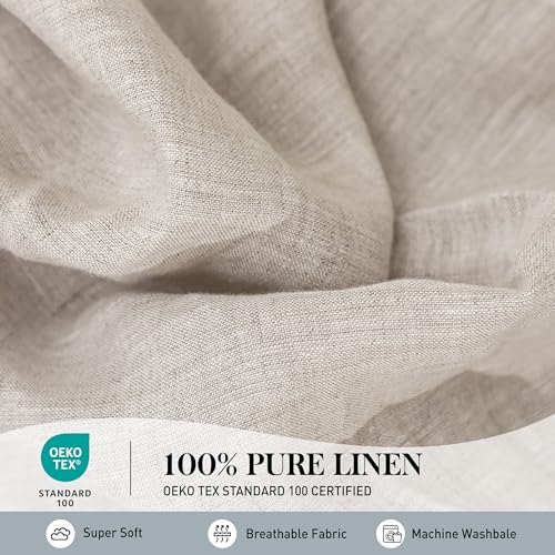 Simple&Opulence 100% Pure Linen Sheet Set Queen Size, Natural French Flax Solid Color 4 Pcs Washed Breathable, Farmhouse Bedding (1 Flat Sheet,1 Fitted Sheet,2 Pillowcases)-Embroidery Linen Simple&Opulence