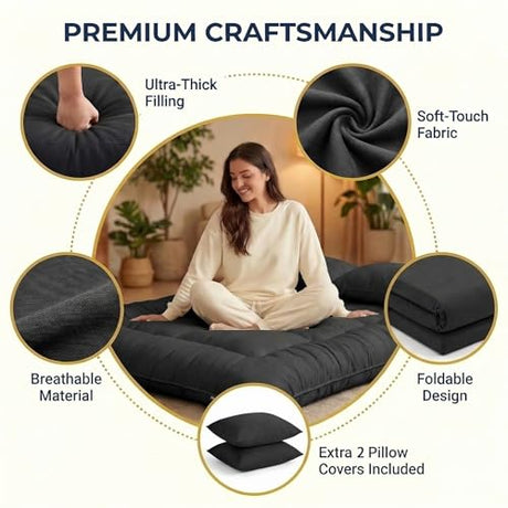 Cosovia Japanese Floor Mattress Futon Mattress, 3.5 Inch Thick Foldable Roll Up Tatami Mat with 2 Pillow Covers, Twin Size Floor Bed for Guest Room Dorm Camping Kids, Black Cosovia