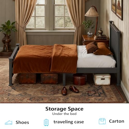 Bonnlo Twin Size Solid Wood Platform Bed Frame, Single Bed with Headboard, No Box Spring Needed Panel Bed, Wood Slat Support Mattress Foundation,Black Bonnlo