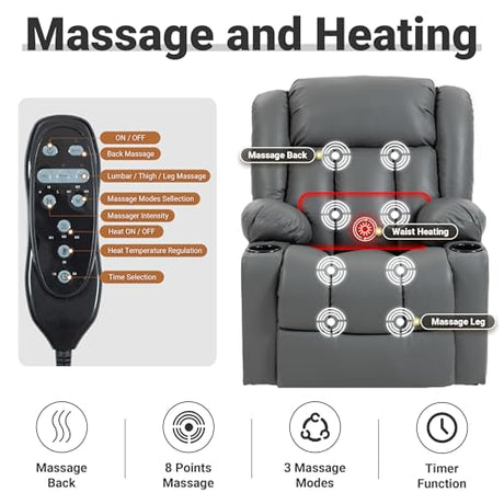 Culect Electric Lift Recliner with Massage Heating Function Mild Zero-Gravity and Stand-Assist Feature, Recliner Chair with 2 Remote Controls and USB Port, Large Side Pockets, Gray PU Culect