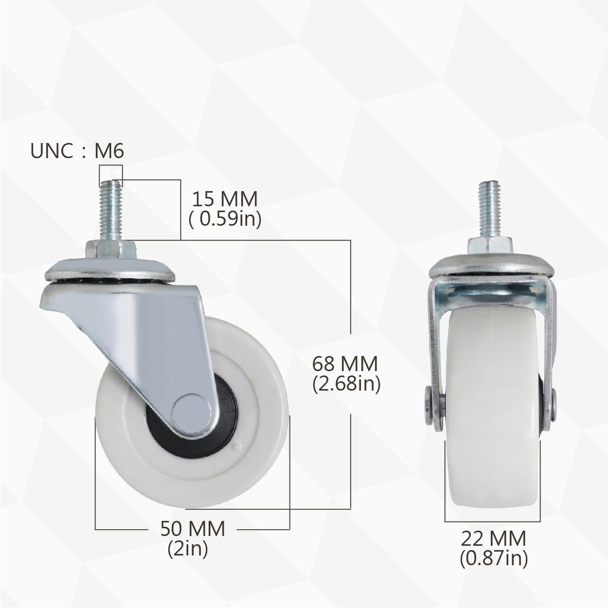 M6 Threaded Stem Caster Wheels, 2 Inch PVC Silent, No Noise and No Scratch Castor Wheels, Replacement for Tiny Shelving, Slide Storage Cart for Office, Kitchen & Laundry Room, Set of 2 Brake 2 Swivel AXL