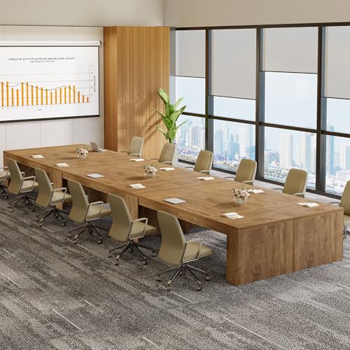 Tribesigns 12 ft Conference Table for 10-14 People, 142-Inch Rectangular Executive Meeting Table for Office, Farmhouse Sturdy Business Desk for Office Conference Room, (2, Brown) Tribesigns