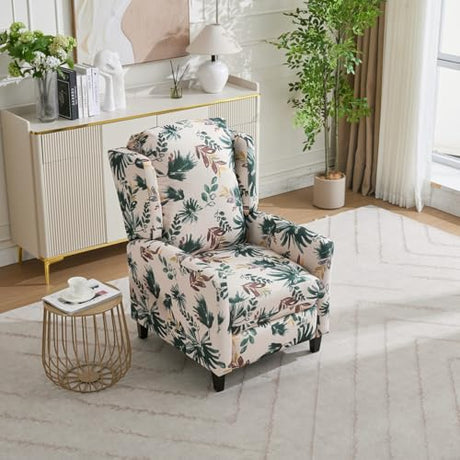 KISSLIVE Push Back Recliner Chair with High Back, Blue Floral Print Fabric Upholstery, Classic Wing Back Design, 250 LBS Capacity (Beige) KISSLIVE