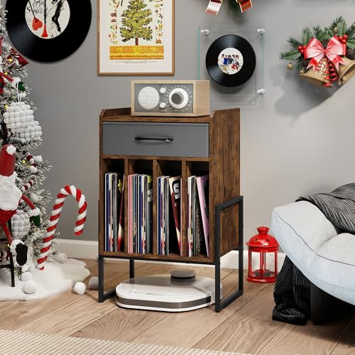 Giantex Record Player Stand, 2-Tier Turntable Stand with Fabric Drawer, Open Vinyl Storage and Display Shelf, Modern Wood Record Stand, Vinyl Record Storage for Living Room, Media Room (Rustic Brown) Giantex