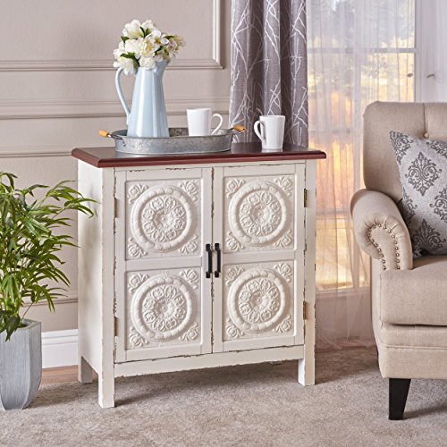 Christopher Knight Home Alana Firwood Cabinet with Faux Wood Overlay, Distressed White / Brown - WoodArtSupply