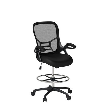 HYLONE Drafting Chair Tall Office Chair High-Back Mesh Standing Desk Stool with Adjustable Footrest Ring and Flip-Up Arms (Black) - WoodArtSupply