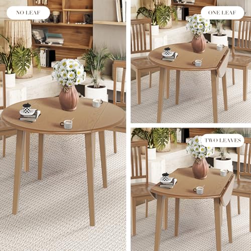 COLAMY 5-Piece Extendable Dining Table Set for 4, 36" Kitchen Round Wood Table with 4 Retro Dining Room Chairs, Light Brown/Beige COLAMY