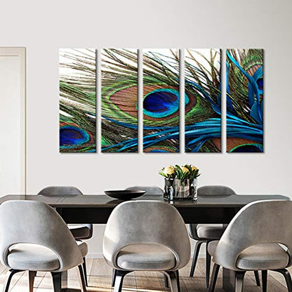 Wall Art for Living Room Bedroom Decoration Peacock Painting Canvas Print Framed Art Animal Feather Plume Modern Art for Office Wall Décor Teal Blue Green 5 Panels Large Size - WoodArtSupply