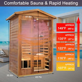 KUNSANA Outdoor Sauna 2 Person, Ceramic Infrared Saunas for Home, Ultra Low EMF Infrared Sauna, Mahogany Wood Home Sauna Room with Bluetooth Speakers, LED Reading Lamps, Chromotherapy Lights KUNSANA