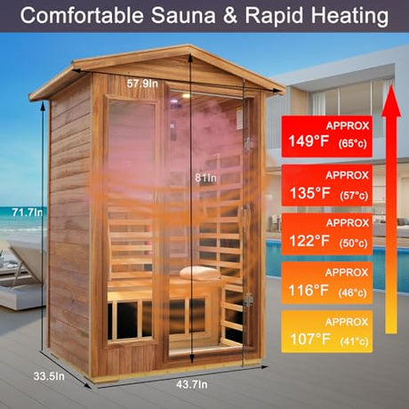 KUNSANA Outdoor Sauna 2 Person, Ceramic Infrared Saunas for Home, Ultra Low EMF Infrared Sauna, Mahogany Wood Home Sauna Room with Bluetooth Speakers, LED Reading Lamps, Chromotherapy Lights KUNSANA