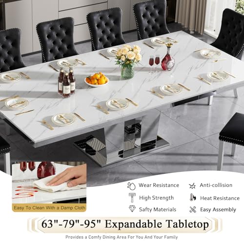 Goujxcy 11-Piece Extendable Dining Table Set for 10, 63-94.5" Faux Marble Kitchen Table Set with 10 Grey Tufted Chairs, Modern Expandable Dining Room Table for 6 8 10 with Mirrored Dual Column Base Goujxcy