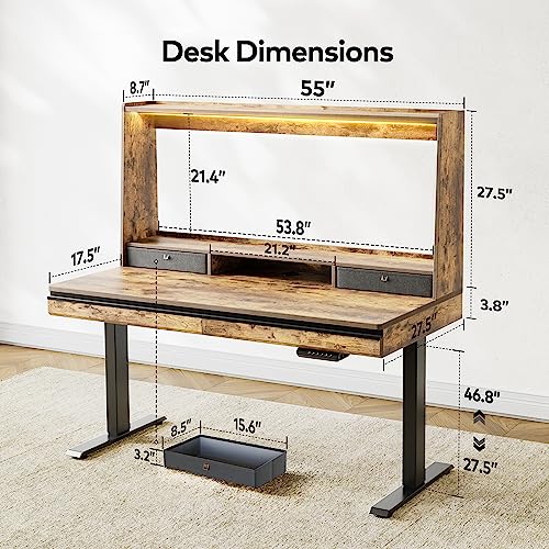 FEZIBO 55 x 27.5 Inches Electric Standing Desk with Open Shelf&LED Strip, Adjustable Height Sit Stand Up Desks with 4 Drawers, Ergonomic Workstation，Rustic Brown - WoodArtSupply