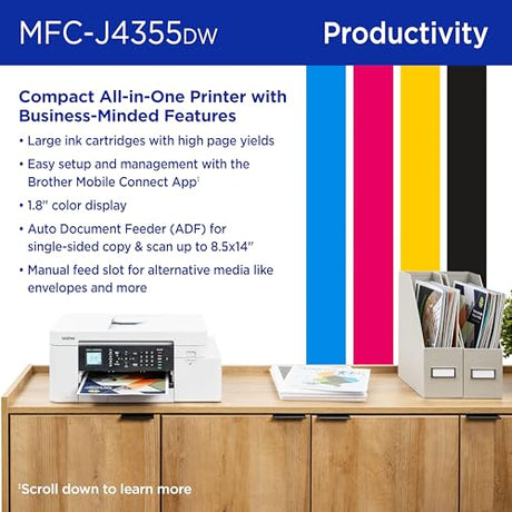Brother INKvestment 4355 Wireless Color Inkjet All-in-One Printer with 1.8” Color Display and Manual Feed Slot | Includes Refresh Subscription Trial(1) (MFC-J4355DW) Brother