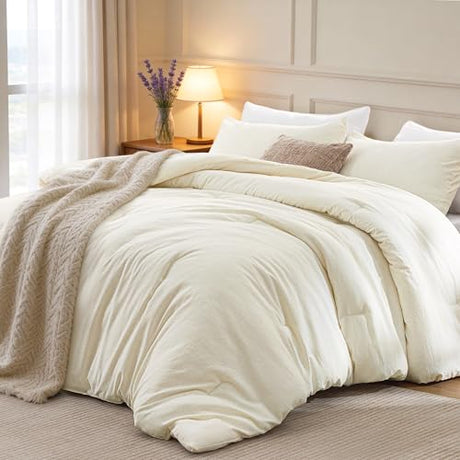 Love's cabin Queen Comforter Set Beige, 3-Piece 90% Polyester 10% Linen Blend Bedding Set, Linen-Look Textured Stripe, Down Alternative All-Season Comforter with Pillow Shams Love's cabin