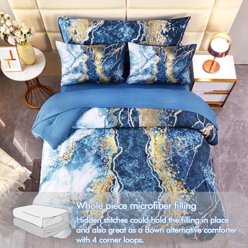 PERFEMET 6 Piece Blue Comforter Set Full Bed in A Bag Set Aesthetic Capri Blue and Gold Marble Bedding Set with Sheets Soft Luxury Watercolor Burning Mountain Printed Bedroom Sets(Capri Blue, Full) PERFEMET
