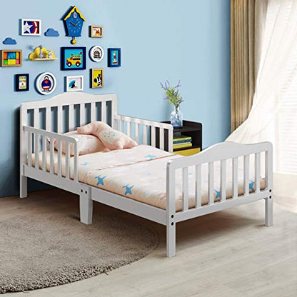 Costzon Toddler Bed, Classic Wood Kids Bed Frame w/Double Safety Guardrail, Low to Floor Design, Wooden Slat Support, Fits Full Size Crib Mattress, Bedroom Furniture for Boys & Girls (White) - WoodArtSupply