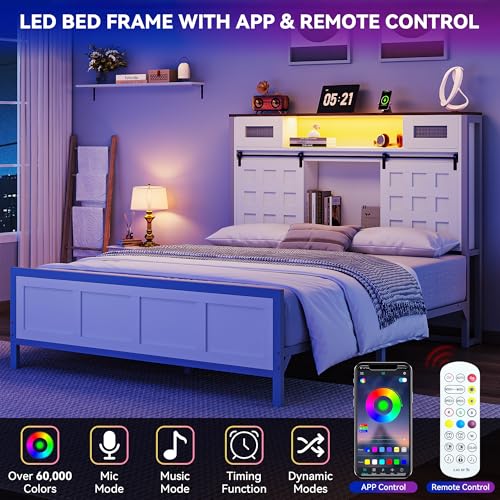 YITAHOME Queen Farmhouse Bed Frame,49.14" Tall Headboard with Storage and Bookcase Led Light & Charging Station, Sliding Barn Door, Wooden Platform Bed Frame, No Box Spring Needed, White YITAHOME