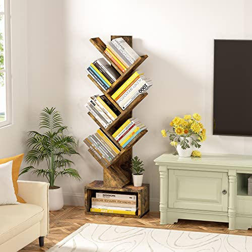 Hoctieon Rustic Brown 6-Tier Tree Bookshelf with Drawer - Stylish Freestanding Storage Solution for Home & Office Hoctieon