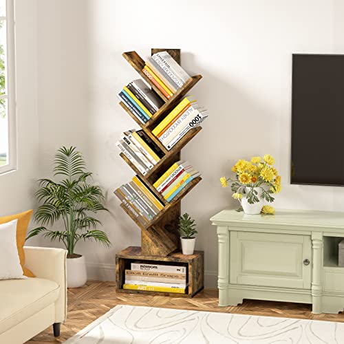 Hoctieon Rustic Brown 6-Tier Tree Bookshelf with Drawer - Stylish Freestanding Storage Solution for Home & Office - WoodArtSupply