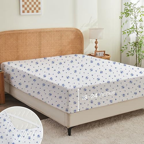 Twin Fitted Sheet,Microfiber Patterned Fitted Sheet Deep Pocket 18 Inches, Ultra Soft & Wrinkle Resistant Twin Deep Pocket,Blue Floral Hylnosia