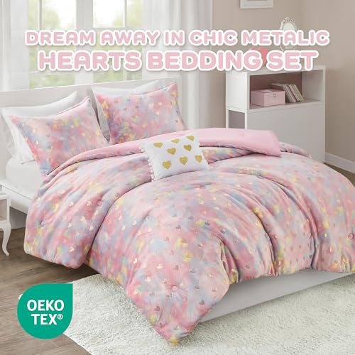 Intelligent Design Queen Comforter Set, 4 Piece Metallic Hearts Bedroom Set for Girls, Queen Bed Set Soft Plush Comforter, Rosalie All Season Fluffy Bedding Set, Full/Queen, Pink Multi/Gold 4 Piece Intelligent Design