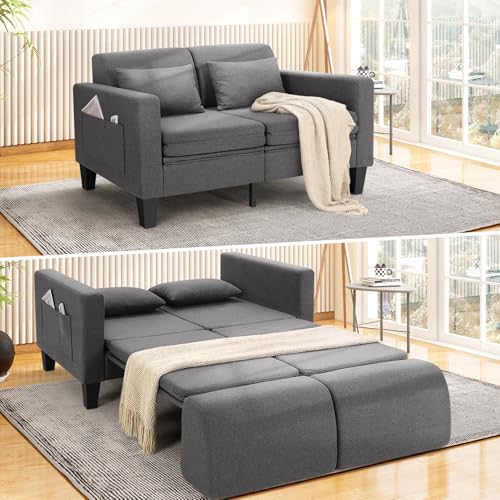 SEJOV 6-in-1 Convertible Sofa Bed, 58" Loveseat Sleeper Sofas with Pull Out Couch Bed, Removable Backrest, Storage Pockets and 2 Pillows, Modern Folding Linen Futon Couch for Small Spaces, Gray SEJOV