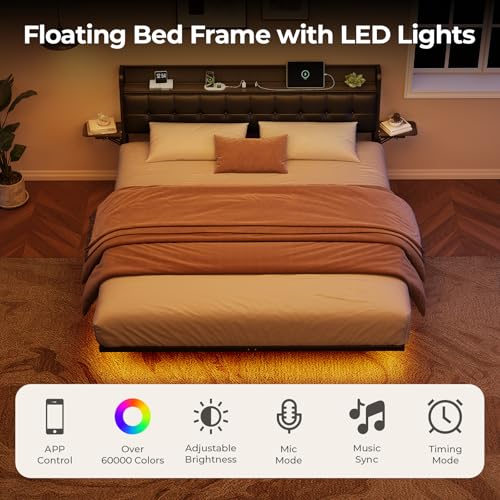 Salamir Twin Floating Bed Frame with LED & Charging Station, Ergonomic Upholstered Headboard with Folding Shelves Storage, Metal Slats, No Box Spring Needed, Easy Assembly, Noise-Free, Black Leather Salamir