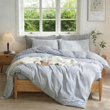 MWL Toy Striped Duvet Cover Set Full Size 3 Pcs Breathable Durable 100% Washed Cotton Comforter Cover for All Seasons Chic Linen Like Textured Bedding Set (Light Blue White Pinstripes, Full) MWL Toy