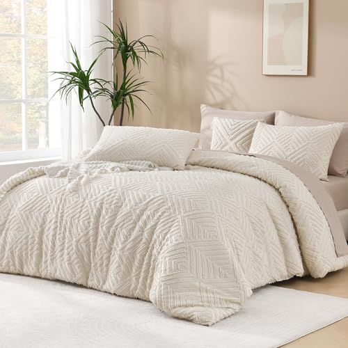 Andency Queen Comforter Set Beige, 3 Pieces Queen Size Comforter Sets Boho Cream Solid Bedding Set & Collections, All Season Tufted Farmhouse Bed Comforter Set (90x90 in Comforter & 2 Pillowcases) Andency