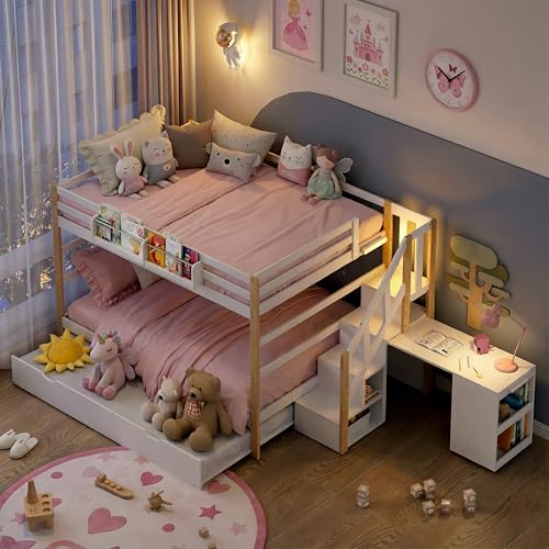 Wooden Full Over Full Bunk Bed with Trundle, Storage Stairs & Convertible Fold-Out Desk, Durable Solid Wood Frame, No Box Spring Required, Ideal for Kids, Teens & Adults (White + Natural Wood, Full) smilesun