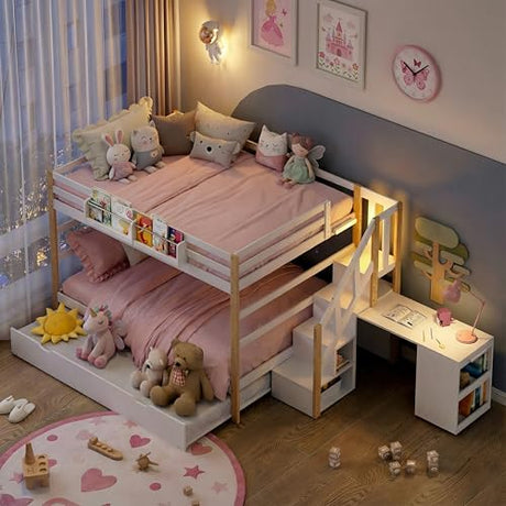 Wooden Full Over Full Bunk Bed with Trundle, Storage Stairs & Convertible Fold-Out Desk, Durable Solid Wood Frame, No Box Spring Required, Ideal for Kids, Teens & Adults (White + Natural Wood, Full) smilesun