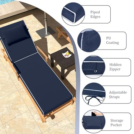 PZDJUMO Chaise Lounge Cushions Outdoor Set of 2 Lounge Chair Cushion 72" L x 21" W with Headrest Straps 3'' Thick Waterproof PU Patio Chaise Cushions Pool Lounger Chair Cushion(Navy Blue) PZDJUMO