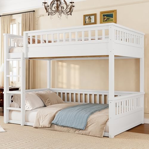 Bellemave Full Over Full Bunk Bed for Kids/Adults,Floor Bunk Beds with Inclined Ladder,Solid Wood Low Bunk Bed for Teens,Girls,Boys,Detachable,White Bellemave
