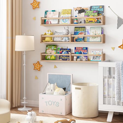 Fixwal Nursery Bookshelves, 32in Floating Bookshelves for Wall Set of 3, Wood Wall Mounted Book Shelves for Baby Nursery Decor, Toys and Decor Storage (Natural Wood) - WoodArtSupply