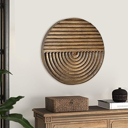 Musanpou Hand-carved Wood Wall Decor featuring Artistic Round Design for Farmhouse and Country-style Interiors | Wall Art Decoration | 11.8 inches x 11.8 inches (brown)