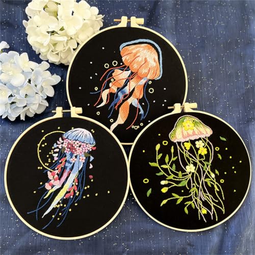 Meecaa 3 Pieces Jellyfish Flower Embroidery Kit Starter Set, Hand Embroidery Pattern Printed Cross Stitch for Beginner Adults, With Embroidery Hoop and Instructions (Jellyfish)