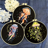 Meecaa 3 Pieces Jellyfish Flower Embroidery Kit Starter Set, Hand Embroidery Pattern Printed Cross Stitch for Beginner Adults, With Embroidery Hoop and Instructions (Jellyfish)