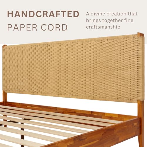 Bme Selina Wood Platform Bed Frame - Handcrafted Paper Cord Unique Headboard - No Box Spring Needed - 12 Strong Wood Slats Support - Easy Assembly - King, Caramel